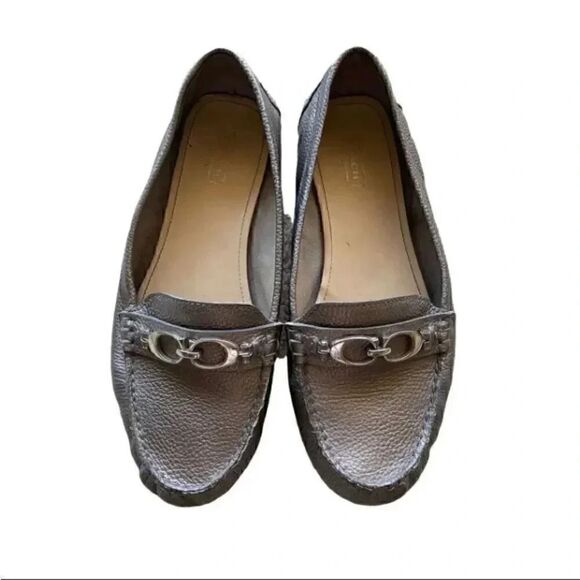 Coach Shoes - COACH Loafers FORTUNATA Gray Silver Leather Shoes Moccasins Metallic SZ 8.5 B